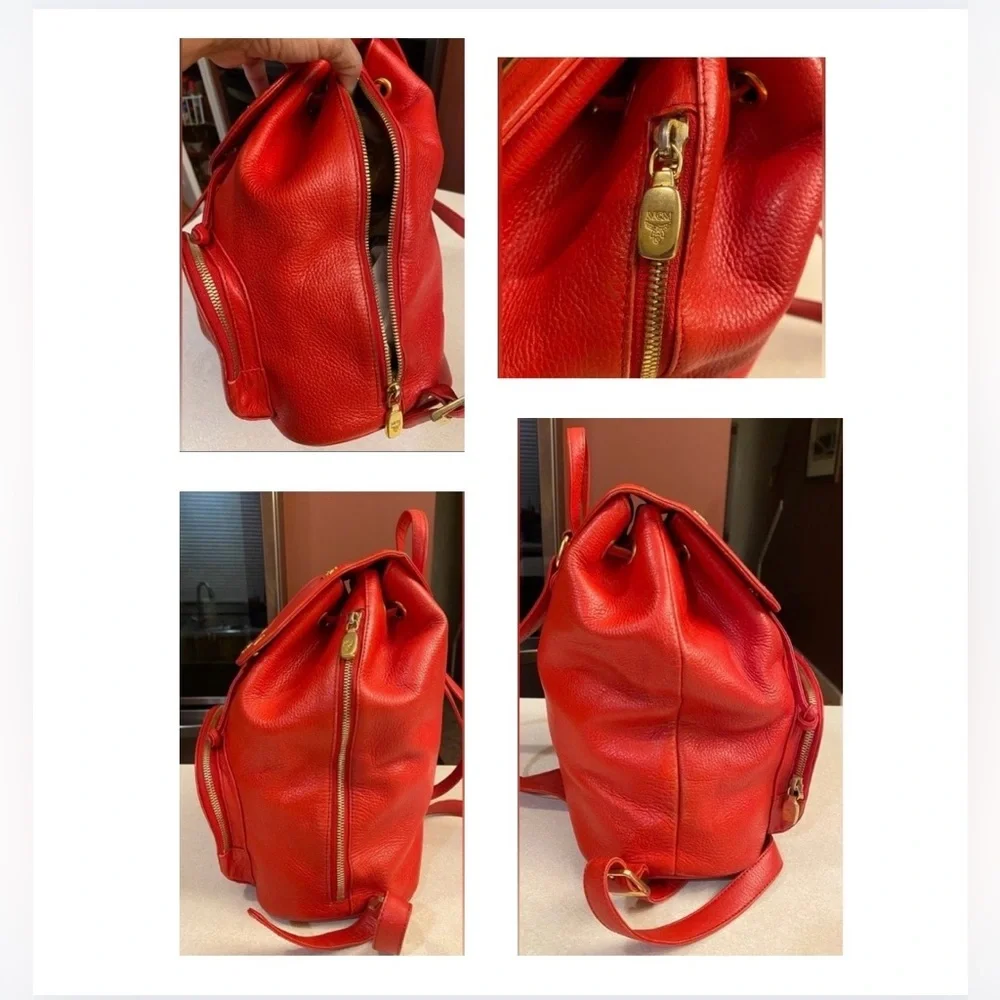 MCM Red Leather Backpack, EUC